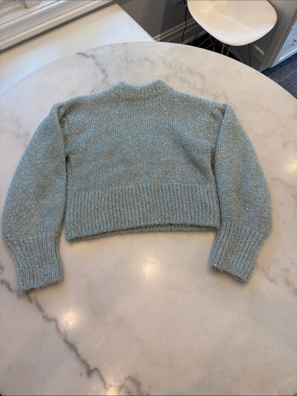NWOT H&M Mint Soft Knit puff shoulder silver lurex thread sweater